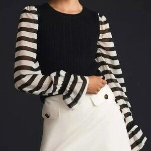 Anthropologie Puff Sleeve Cable Knit Sweater Feminine Ruffle Dainty Preppy Lace